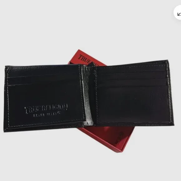 True Religion Mens Wallet Bifold Black Horseshoe Gold Logo Genuine Leather RFID - Picture 3 of 13